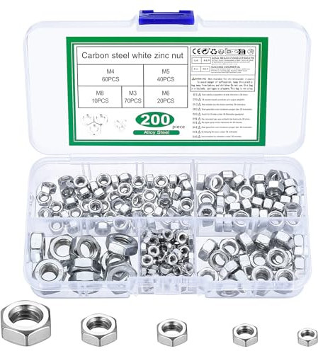 200 Pezzi Dadi Esagonali, Metrici Dadi Autobloccanti di Bloccaggio in Acciaio al Carbonio con Filettatura Standard di Fissaggio per Bulloni e Viti - M3 M4 M5 M6 M8