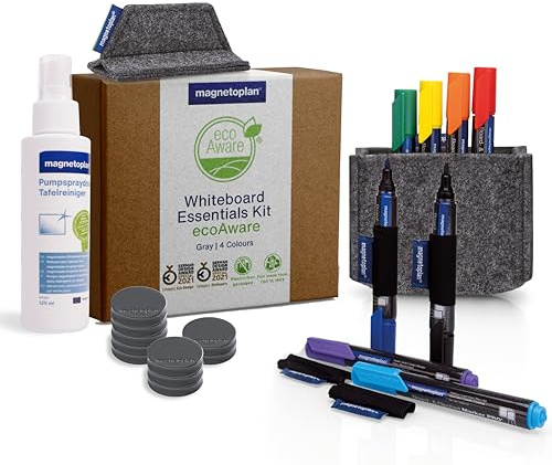 magnetoplan Whiteboard Essentials Kit, Grau | Ideal für agiles Arbeiten mit Whiteboard + Flipchart | Inkl. Markern, magnetischen Stiftehaltern, Tafellöscher, Reiniger etc.