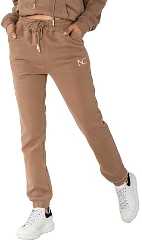 Nina Carter F021 Damen Jogginghose mit elastischem Bund High Waist, weichem Fleece-Innenfutter Bequeme Sweatpants Sporthose Freizeithosen (Taupe (F021-24), M)