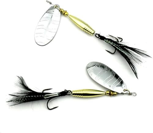 5 pezzi di ami da pesca con piume, coda di gallo, esche da pesca con cucchiaino rotante, esche da pesca in linea per spigole e trote, esche da pesca 9,7 cm-15 g, esche rotanti, esche rotanti a lama