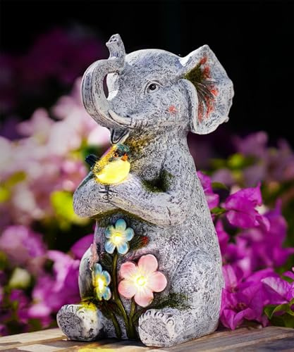 Goodeco Elefant mit Solar Vogel Deko Figur - Gartenfiguren & Balkonschmuck für Terrasse, Rasen & Außenbereich | Geschenkideen für Frauen, Mutter & Oma