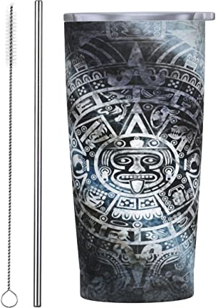 shgwehh Bicchiere da 590 ml con coperchio e cannuccia americano-indiano-maya calendario da viaggio tazza da caffè in acciaio inox