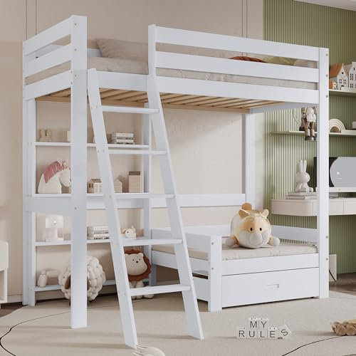 MSMOK Etagenbett mit Regalen und Sofa, Holzbett mit Einer Schublade, Kinderbett mit fünfstufiger Schrägleiter, Bettrahmen aus Massivholz, Weiß, 90x200 cm