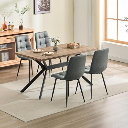 ANVOFONG Essgruppen Esstisch mit 4 dunkelgrau Stühlen,140 x 80 x 76 cm Rechteckig Esstisch aus helles Holzfarbe,Esszimmerstühle mit technisches Tuch,für Küche Esszimmer und Wohnzimmer