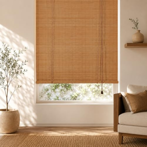 FoundGo - Jalousie in bambù senza forare, larghezza x altezza 120 x 220 cm, jalousie in legno retrò, bambù romano, tenda arrotolabile, tende a rullo filtranti per luce per finestre, interno