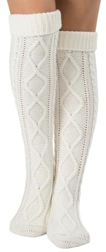 Dinglong Chaussettes en Dentelle pour Femmes, Jambes en Laine Tricotées Sur Le Genou, Chaussettes de Sol de Noël, Chaussettes Hiver Femme, Chaussettes Hautes Rayées, Chaussette Haute Blanche