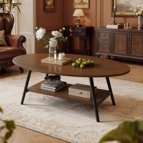 Hawthyhome 2-Tier couchtisch Oval Holz, Braun | Wohnzimmertisch aus Holz mit Metallrahmen, Moderner Beistelltisch Kaffeetische für Wohnzimmer Schlafzimmer, 90 * 60 * 43cm