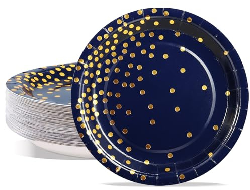 PYAILI Assiettes Jetables de Fête en Carton Bleu Foncé et Or - 50 pièces (18 cm)