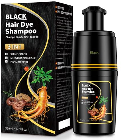 Black Hair Dye Shampoo 3 in 1, Permanent Hair Colour Shampoo to Cover Grey for Women and Men, 350ML
