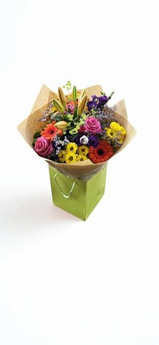 Cheerful-Mixed Fresh Flower Bouquet, Roses, Gerberas, Lilies and Chrysanthemums, Vibrant Colours with Gift Bag