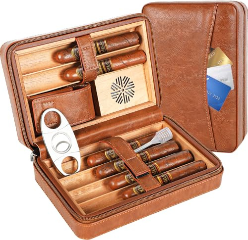TUDO Étui à Cigarers Humidor en Cuir de Qualité – Accessoire Cigare de Voyage pour 6 Cigares avec Bois de Cèdre, Coupe-Cigare, Porte-Cartes – Idée Cadeau Homme Anniversaire, Affaires, Fête des Pères