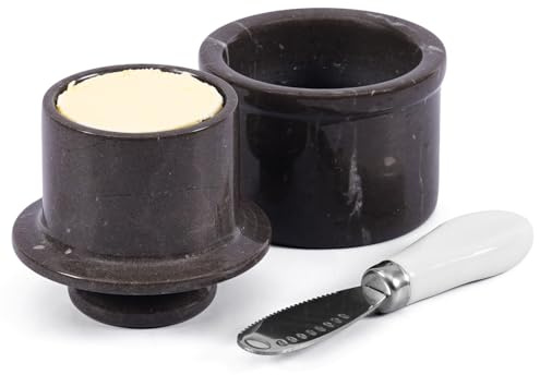 EarthenTones Beurrier en marbre avec couvercle et couteau, pot à beurre français de 8,1 cm et petit plat pour tartiner, décoration de cuisine élégante et accessoire de table fait à la main