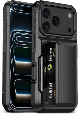 Aolcev for iPhone 17 Pro Case with Card Holder [Max 4 Cards] Heavy Duty Protective Shockproof Cover Dual Layer Hard PC Soft TPU Bumper Hidden Card Slot Wallet Cases for iPhone 17 Pro Phone Case-Black