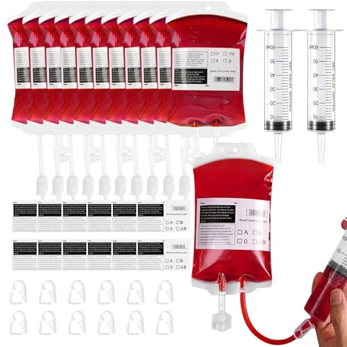Bellabon 12 Stück Halloween Trinkgefäß Blutbeutel, Halloween Blutbeutel Trinkbeutel, Wiederverwendbare, 350 ML mit Clips Aufkleber, Perfekt für Party Requisit Deko, Weihnachten