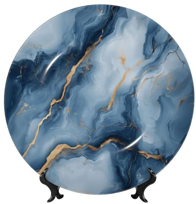 Bone China Decorative Plates With Stand,Bavy Blue Marble Gold Line Abstract Round Display Plate For Kitchen Dining Room Wine Cabinet Home Decor 20cm