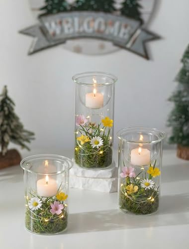 Romadedi Teelichthalter Weihnachten Weihnachtsdeko Innen: 3er Set Windlicht Glas Kerzengläser Mit Rote Beeren Tannenzapfen Glaszylinder Für Tischdeko Weihnachten Fensterdeko Kamin Deko Weihnachtsgesch