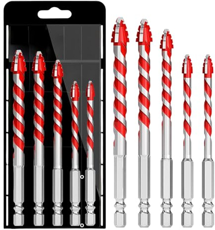 5 Pcs Tungsten Carbide Masonry Drill Bits Set,Carbide Eccentric Drill Bit for Tile Glass Quartz Porcelain Cement Ceramic Brick Granite Marble Plastic&Wood(6, 6, 8, 10, 12 mm) with Plastic Storage Box