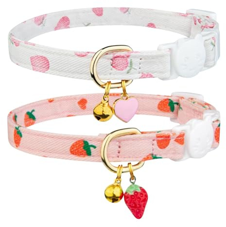 Haluway 2 Pcs Adjustable Safety Cat Collars, Soft Cotton Breakaway Kitten Collar with Heart Pendant & Bell Set