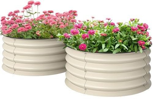 Outsunny Steel Raised Beds for Garden Set of 2, Outdoor Elevated Planter Box with Safety Edging, Easy-to-assemble Stock Tank for Growing Flowers, Herbs and Vegetables, Cream White