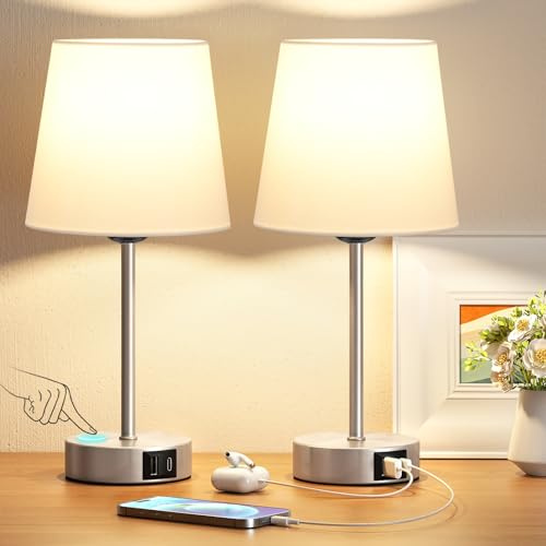PreeOtti Nachttischlampe Touch Dimmbar 2er Set, Tischlampe mit Ladefunktion USB A+C-Anschlüssen 2 LED Birnen, Weiß-Lampenschirm, Kleine Lampe für Nachttisch Schlafzimmer Wohnzimmer Babyzimmer Büro