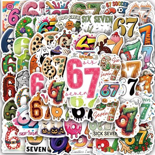 55 PCS 67 Stickers, Waterproof Vinyl Decals, Funny Stickers for Adults, Large Pack Laptop Sticker Set, Decorative Number Sticker for Journal Phone Case for Teens Adults