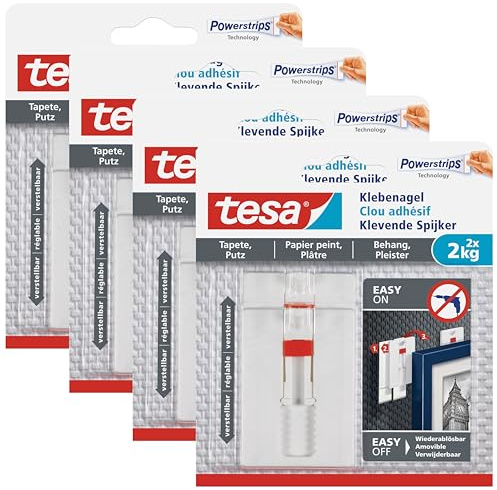 tesa Verstellbarer Klebenagel für Tapeten und Putz, Höhenverstellbarer, selbstklebender Wandnagel. (8x 2,0kg, Single)