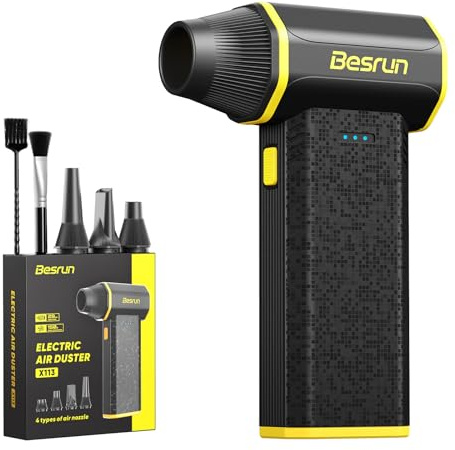 Besrun Electric Air Duster - 110,000 RPM Compressed Air Duster, 120W Cordless Air Blower for Computer Keyboard，House, Outdoor & Car, 3-Speed Rechargeable Mini Turbo Fan, Type-C Fast Charge (X113)