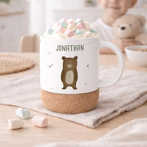 hellomini Personalisierte Tasse mit Korkboden für Kinder, Kindertasse mit Wunschdruck, Kinderbecher mit Namen, Geschenk zum Geburtstag, (Bär)