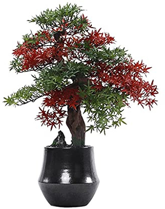 Konstgjorda krukväxter Bonsai Kreativa röda och gröna blad Svarta stenar Keramiska blomkrukor Simuleringsväxt