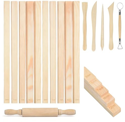 16 Pieces Pottery Rolling Pin Guides, Wooden Wooden Rolling Pin Guides, 3mm 5mm 7mm 10mm 12 mm Thickness Mud Stick Guides for Polymer Clay Craft Pottery
