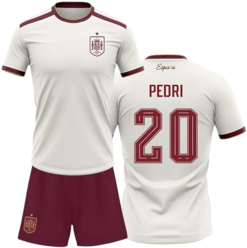 Champion's City Selección Española Kit Mundial 2026-2028 Camiseta y Pantalon Pedri 20, Color Blanco y Granate, Conjunto Futbol Infantil