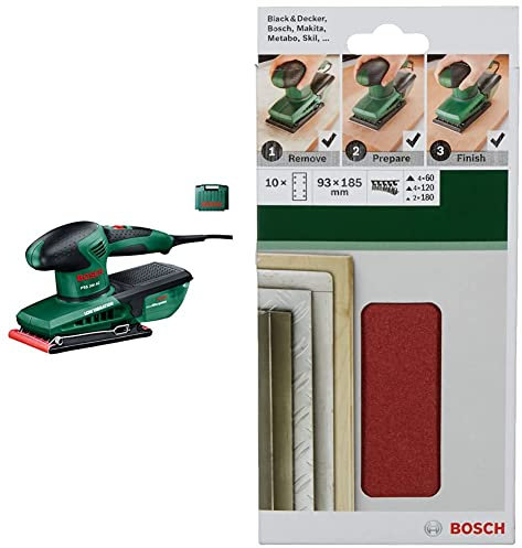 Bosch – PSS 200 AC – Lijadora orbital + 2 609 256 A86 - Juego de hojas de lija de 10 piezas para lijadora orbital