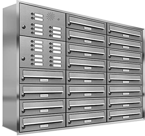 AL Briefkastensysteme, 20er Unterputzbriefkasten, Briefkasten mit Klingel, 20 Fach, Briefkastenanlage modern, rostfrei Edelstahl Postkasten