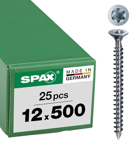 SPAX T-STAR plus 1201011205005 - Tornillo para madera, 12,0 x 500 mm, 25 unidades, cabeza avellanada con nervaduras fresadoras, rosca completa, punta CUT, WIROX A3J