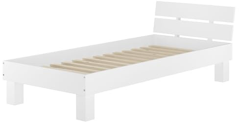 Erst-Holz®Einzelbett Buche Massiv Überlang 100 x 220 Weiß mit Rollrost