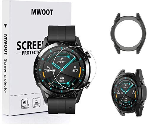 MWOOT Compatible with Huawei Watch GT2 46MM Screen Protector Glass Tempered and Protective Cover Case for Smartwatch Protection [3-Pack], Protective Bumper Sleeve Full Protection Accessories Set