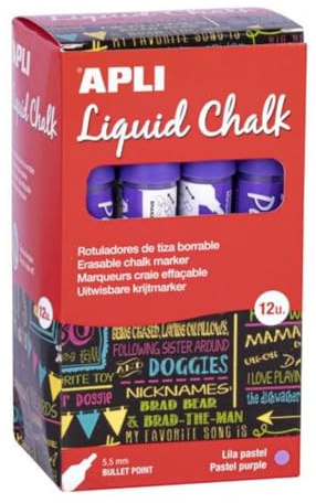 Apli - Liquid Chalk, Pennarelli a gesso liquido, cancellabili, punta rotonda da 5,5 mm, colore lilla pastello, 12 pezzi