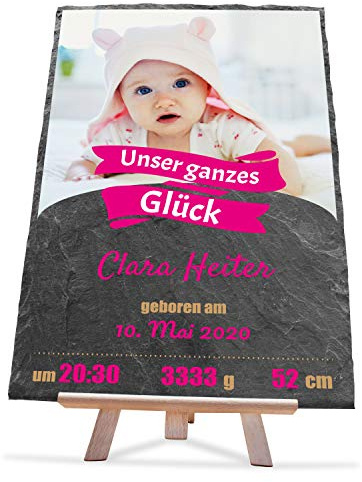 wandmotiv24 Personalisierbare Schiefertafel als Geschenk zur Geburt, 20 x 30 cm, Staffelei, Foto & Geburtsdaten, Erstausstattung Baby-Zimmer, Geschenke für Eltern, Schwangerschaft, Mädchen Glück M0407