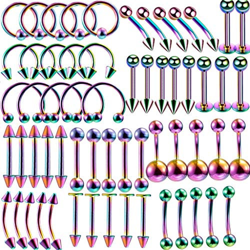 Bunt Piercing Set damen herren 60x Edelstahl Mix Körperschmuck Regenbogenfarben Studs Barbells bunt Bananabells für Ohr schwarz Lippe Nase Zunge Bauchnabel Nippel Piercing Ring Punk 1.2 * 8mm