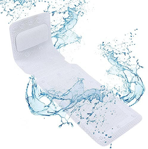 Ganzkörper Badewannenmatte mit Kissen, Ganzkörper Badematte Kissenmatte, 3D Air Mesh Schichten, für Kopf Schulter Rückenstütze, 125x36cm Badekissen für Wanne, rutschfestes Spa Kissen mit Saugnäpfe