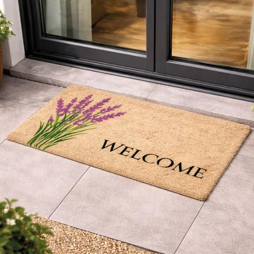 Eingangsmatte Kokos Türmatte Innen - Lavendel 40 x 60 cm (Rechteckig) | Rutschfeste Motiv Fußmatte 100% Kokosfaser Fussmatte natürliches Material für Innenbereich & überdachten Außenbereich robust