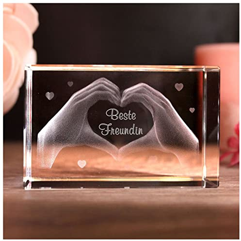 LoveGoals 3D Glas Kristall mit Gravur - Herz aus Zwei Händen mit Text Beste Freundin graviert - Geschenk Geschenke zu Weihnachten und Geburtstag, Freundschaftsgeschenke