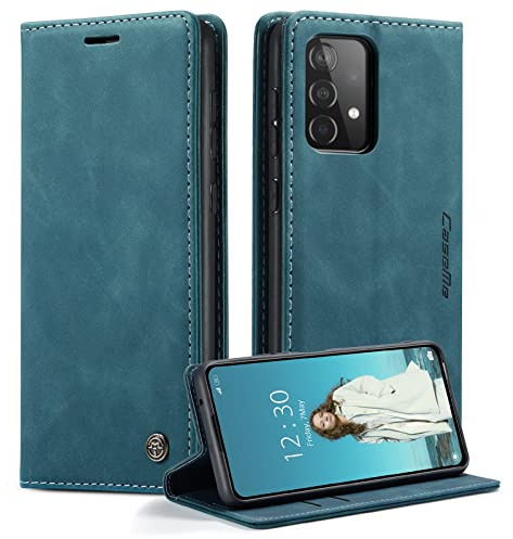 CaseMe für Samsung Galaxy A52 Hülle, Magnet Leder Klapphülle Stoßfest | Retro PU Leder, 2 Kartenfach, Standfunktion, Schutzhülle, Flip Case, Handyhülle für Galaxy A52 5G 6,5'', Blaugrün