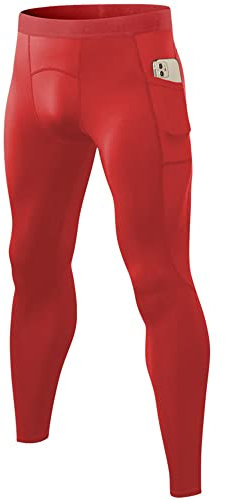 Herr kompressionsbyxor ficka löpning leggings tights yoga atletisk träning, Röd, XL