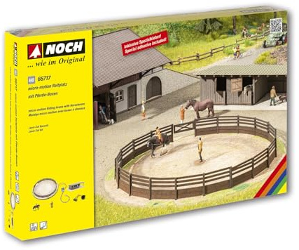 NOCH Micro-Motion Reitplatz mit Pferde-Boxen, Bewegliches Pferde-Set inkl. Sound für Spur H0, Ideal für Modellliebhaber
