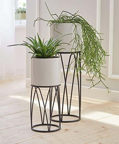 Dekoleidenschaft 2X Übertopf Retro mit Metallgestell, schwarz und Pflanztopf in Creme, Pflanzgefäß, Blumentopf, Pflanzkübel, Blumentopfständer