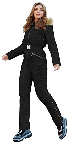 Yousify Womens Winter Ski Suit One Piece Hooded Fur Collar Ski Jumpsuit Snowsuit Outdoor Sports Coat