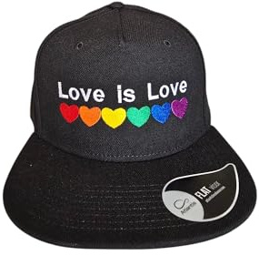 Mützenfritze Hochwertige 5 Panel Snapback Cap, Bestickt Love is Love mit Herzen in Regenbogenfarben. Ideal für CSD, Pride, Gay, usw. Größenverstellbar