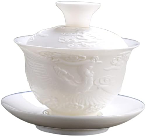 Relief Dragon Weiß Porzellan Gaiwan, Chinesisch geprägter Drachen-Stil Weiß Ceamic Gaiwan, Kung Fu Teeschale Traditionelle Teetasse (Phönix)