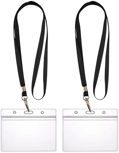 WEBBOMB 2x Ausweishüllen ZIP Kartenhalter flexibel horizontal wasserdicht für 1-2 Ausweise und Karten ID-Card Schutzhülle 0,80mm transparent + 2x Umhängeband Lanyard (Schwarz)